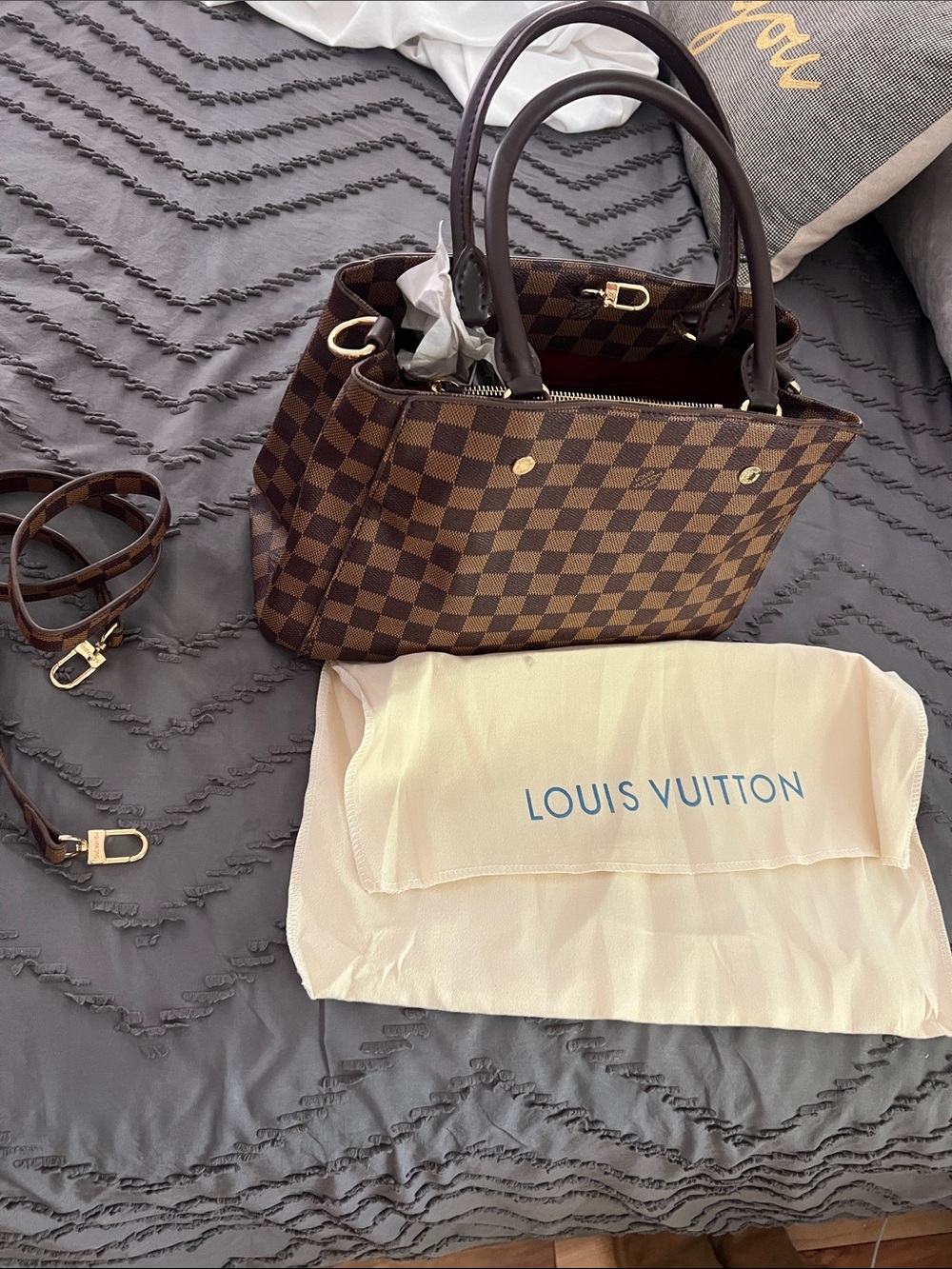 Luxury Brown Damier Ebene Check Tote with Dark Leather Handles